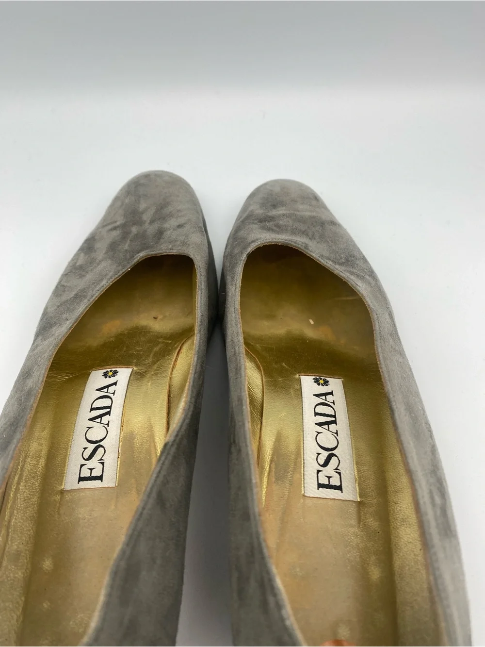 Escada Gray Suede Low Block Heel Pumps with Gold Accent